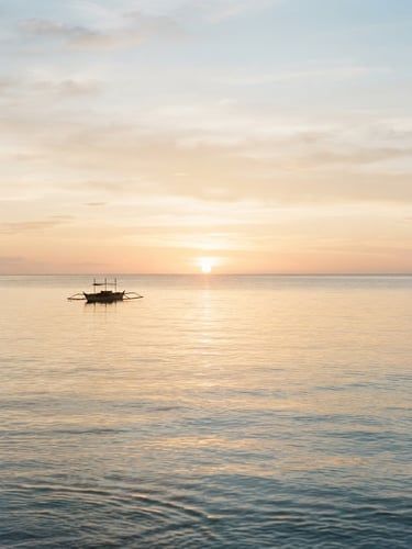 A serene coastal horizon at sunrise, soft golden light reflecting on calm ocean water, minimal composition, 35mm film