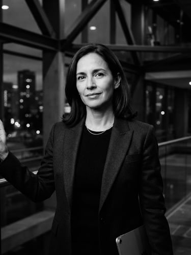 Retrato corporativo de Liliana Tibaquirá, en blanco y negro, con iluminación dramática y de bajo contraste, en un entorno arquitectónico moderno, tomada con lente de 35mm.