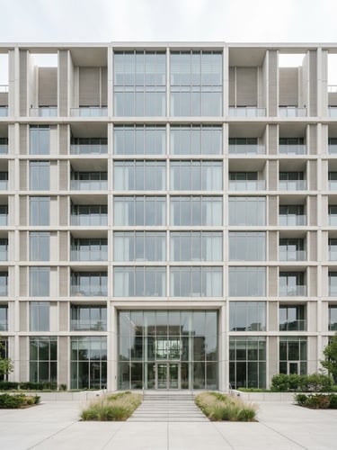 Symmetrical architectural shot of a modern concrete and glass building facade, bright diffused daylight, clean white and concrete tones, ultra-sharp 35mm