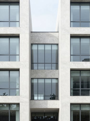 Symmetrical architectural details of a modern concrete and glass commercial building, bright diffused daylight, ultra-sharp 35mm
