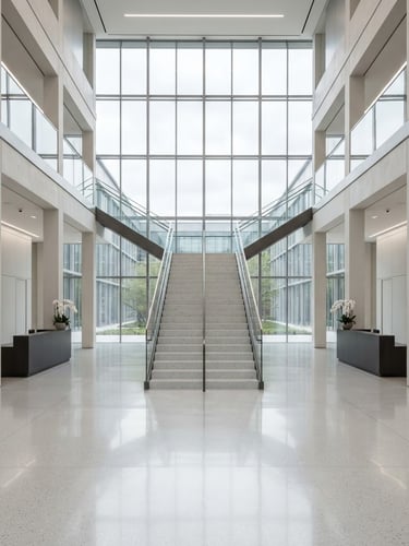 Symmetrical orthogonal shot of a minimalist corporate lobby, clean white concrete pillars, polished terrazzo floor, bright diffused overcast daylight filtering through expansive structural glass, ultra-sharp 35mm
