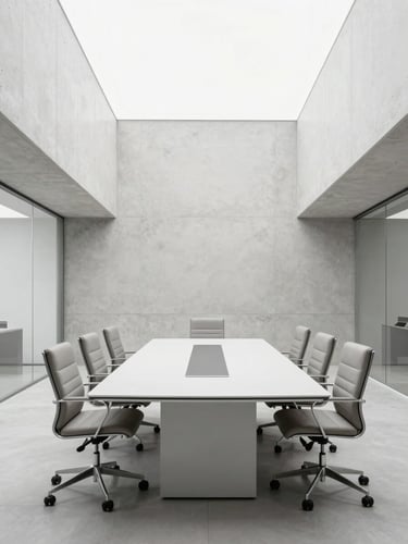 Symmetrical architectural shot of a modern corporate boardroom, clean concrete lines, bright diffused daylight, minimalist leather and steel furniture, ultra-sharp 35mm