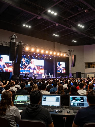 Wide environmental shot from the back of a large convention hall in Monterrey, a fully rigged stage with speaker arrays hung left and right, LED video wall active with live content, warm event lighting illuminating an attentive crowd — shot from the control position, natural venue light mixed with production lighting, no performer focus