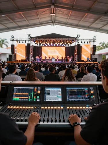 Wide-angle view from the back of house at a large Monterrey corporate event venue, control desk in the foreground with lit faders and a technician's hands on the panel, full stage visible in the background blazing with orange-accented LED wash and speaker arrays in position, crowd energy mid-event, natural venue lighting showing clarity and scale