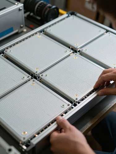 Close-up technical shot of a modular LED panel array being assembled backstage, individual 500mm cabinet tiles visible with precise pixel grid detail, technician hands securing a panel into the frame, studio-quality lighting showing the hardware precision and readiness