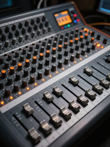 Close-up of a professional digital mixing console under focused studio lighting, faders and channel strips sharply detailed, orange cue lights active on several channels, black-on-grey labeling visible, a clean cable loom exits frame — equipment in operational readiness, zero clutter