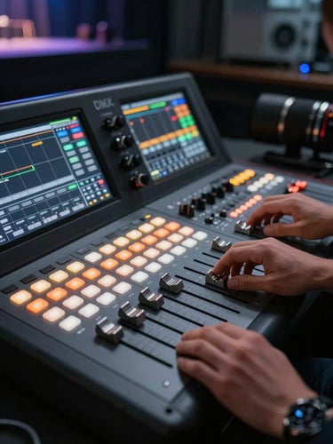 Close-up of a professional DMX lighting console in operation, faders and color-coded channel buttons illuminated in orange and white, operator hands visible adjusting a scene, dark control room background with stage visible through a window