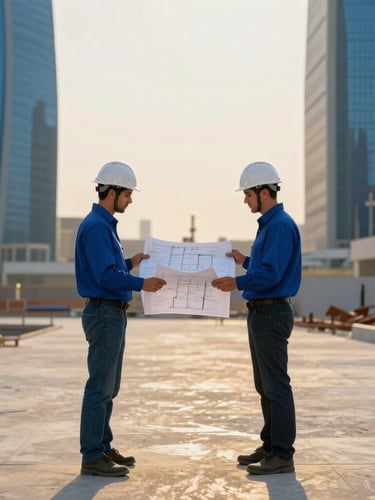 Symmetrical shot of an engineer in a white hard hat reviewing architectural blueprints on a clean, modern Riyadh construction site, soft golden hour lighting casting long shadows, professional architectural photography
