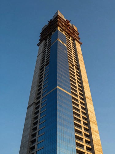 Low-angle heroic shot of a modern Riyadh skyscraper under construction, golden hour sunlight casting sharp architectural shadows on concrete and steel, 35mm lens