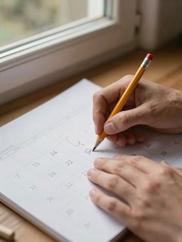 Close-up of hands tracing a handwritten seasonal calendar on unlined paper, a pencil resting at the edge, warm north-facing window light, farm delivery dates visible in the margins