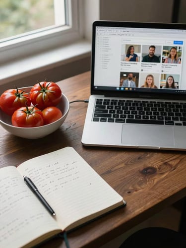 Agency desk viewed from above — a laptop showing a social post draft beside a bowl of heirloom tomatoes used as a reference prop, notebook open with handwritten copy notes, even north-facing window light
