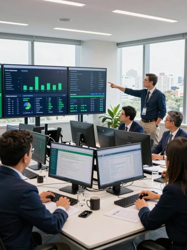 Wide environmental office shot of a modern campaign war room in São Paulo, focused professionals analyzing data dashboards on screens, bright natural daylight, deep navy and emerald accents, sharp focus, 35mm