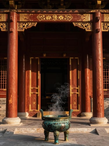 Symmetrical dramatic heritage photography of a grand Tang Dynasty royal ancestral hall, warm golden-hour light piercing through dark mahogany wooden pillars, bronze incense burner with soft smoke in the foreground, medium format.