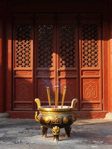 Symmetrical medium format photo of an ancient Tang Dynasty ancestral hall, warm golden-hour light piercing through dark mahogany screens, burning incense in a heavy bronze vessel, rich vermilion columns in the background