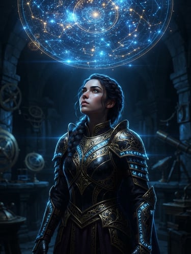 A cinematic portrait of a young royal descendant with glowing electric blue rim lighting, wearing gold-etched obsidian armor, looking up at a holographic stellar map, low-key dramatic lighting, anamorphic lens
