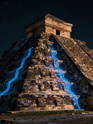 Wide cinematic shot of an ancient stone pyramid with glowing electric blue holographic circuit lines wrapping around its facade, dramatic low-key lighting, anamorphic lens, obsidian texture, night sky filled with stars.