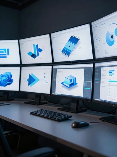 Wide environmental shot of a multi-monitor workstation in a structured studio space, screens displaying abstract brand architecture diagrams and data dashboards, cool blue ambient lighting from the screens illuminating a dark desk surface, shot from a low angle with the monitors filling the upper two-thirds of the frame, no people visible, clean geometric shadows