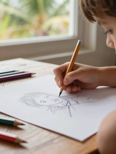 A child absorbed in drawing, natural daylight from a window illuminating the textured paper, colorful pencil shavings on a wooden table, authentic creative process, warm tropical atmosphere