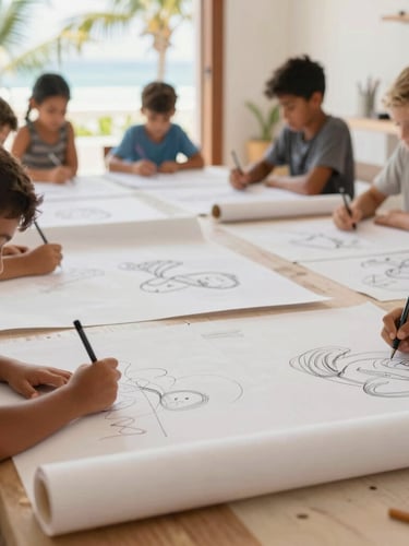 Bright sun-drenched physical workshop studio in Cancun, children sketching on large rolls of paper spread across the floor, authentic creative process
