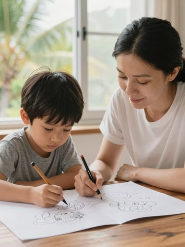 A mother and child sitting together at a wooden table, collaborating on a large drawing, warm natural light coming from a window, peaceful atmosphere