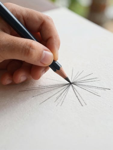 Macro close-up of a child's hand holding a thick graphite pencil, sketching bold, confident lines on thick, textured watercolor paper, warm natural tropical daylight, shallow depth of field