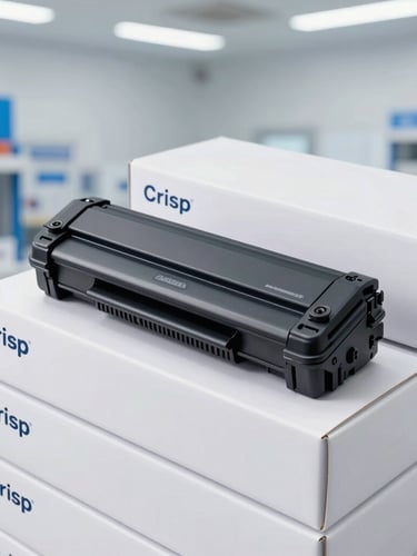 Crisp studio product photography of neatly stacked bulk toner boxes in a modern, brightly lit warehouse with cool white and technical blue undertones, sharp focus.