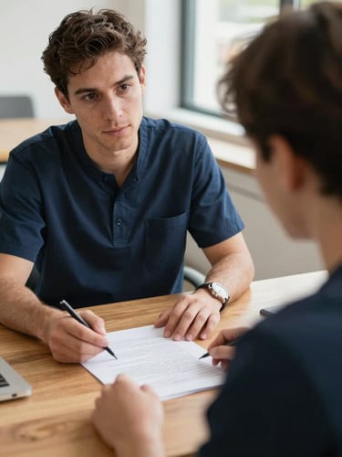 Close-up of a supportive staff member sitting face-to-face with a client at a wooden table, discussing documents with warm natural light, unposed documentary style
