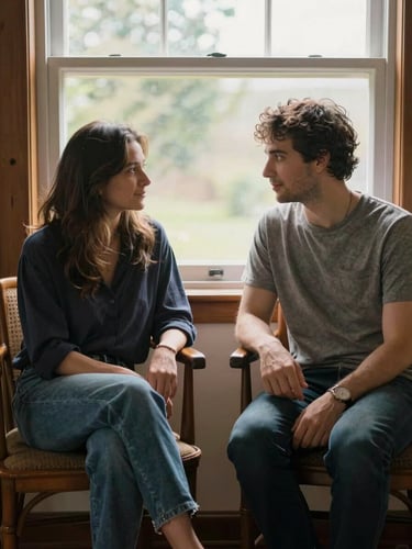 Warm, natural daylight filtering through a window onto two people sitting side-by-side in comfortable wooden chairs, sharing a quiet conversation with soft, supportive eye contact, unposed and authentic.