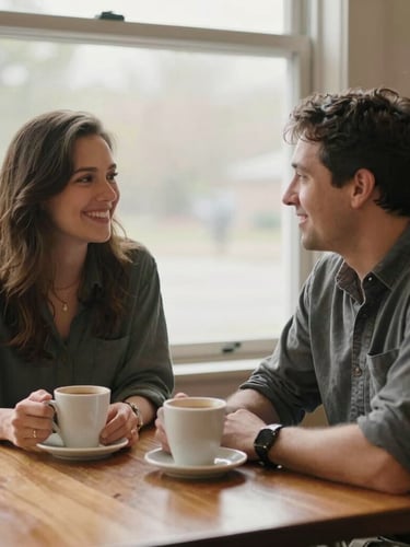 Warm medium shot of two local Ohio community advocates sitting side-by-side at a wooden table, talking warmly over coffee, soft morning light filtering through a window, unposed documentary style.