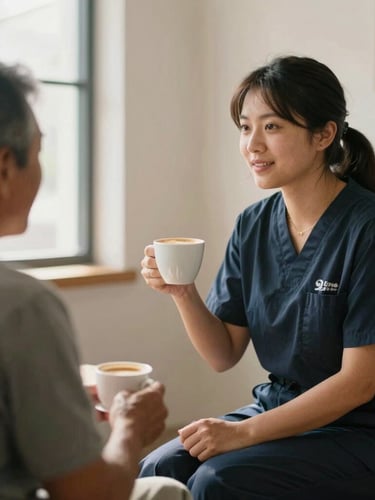 A warm, natural light photograph of a staff member sitting side-by-side with a local resident in a bright room, talking over a cup of coffee, unposed and authentic.
