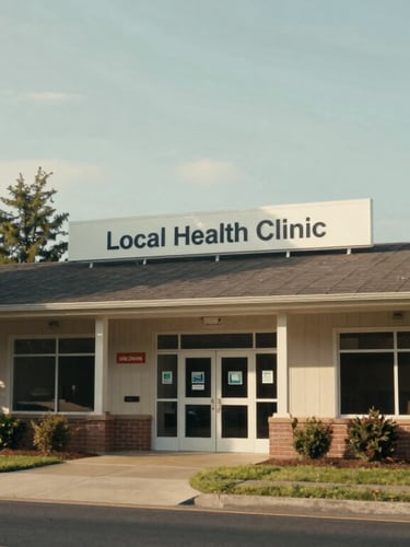 A warm, natural light photograph of the welcoming exterior of a local health clinic in Oregon, Ohio, framed by green trees and a clear sky.