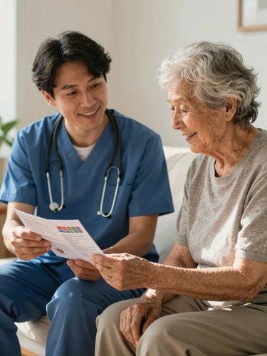A warm, medium shot of a community navigator sitting side-by-side with an elderly resident in a sunlit room, looking over a simple health brochure together with genuine smiles.