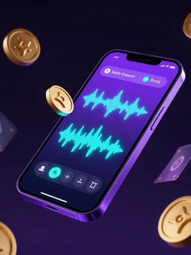 Close-up 3D render of a sleek smartphone floating in dark space, glowing purple and cyan interface showing active voice room waves, gold metallic game tokens and Baloot cards orbiting the device, dramatic low-key studio lighting with deep navy background.
