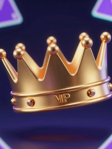 Close-up macro 3D render of a golden VIP crown and glowing purple gaming cards, floating on a dark navy background, cyan rim lighting, premium studio render.