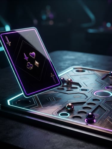 Sleek 3D render of a glossy black Baloot playing card with glowing electric purple borders, hovering next to a stylized metallic Jackaroo board, dark studio background, neon cyan rim lights, dramatic depth of field