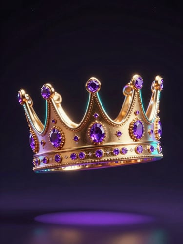 Premium 3D render of a glowing golden crown with purple gemstones, floating in dark space with neon cyan rim lighting, luxury aesthetic