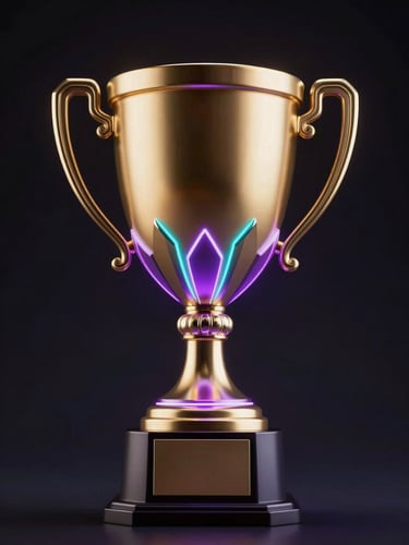 A golden champion trophy cup with glowing purple and cyan neon accents, floating in dark space, luxury 3D render, dramatic lighting