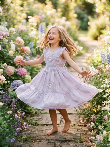 A joyful 7-year-old girl spinning in a soft lavender frock in a sunlit garden, warm morning light, cheerful pastel tones, 35mm