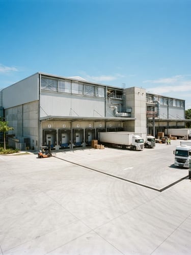 Bright daylight photograph of a modern industrial warehouse exterior in Manaus, clean concrete pavement, clear blue sky, professional engineering context, 35mm