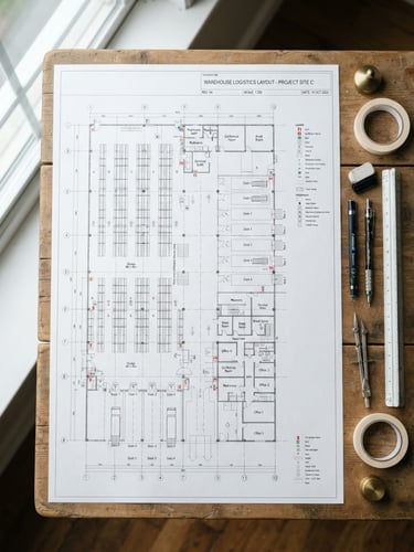 Top-down blueprint of a commercial warehouse layout with technical annotations, bright natural daylight, engineering tools on the side, 35mm crisp details