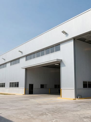 Wide shot of a modern clean warehouse exterior in Manaus under bright equatorial daylight, sharp architectural details, 35mm