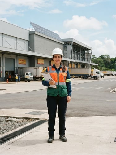 An environmental engineer in a white hardhat and safety vest holding a clipboard, standing in front of a modern commercial warehouse in Manaus, bright natural daylight, 35mm photography.