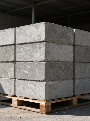 Low-angle wide shot of heavy concrete blocks stacked on wooden pallets in direct high-contrast Abu Dhabi sunlight, deep shadows, raw industrial yard background.