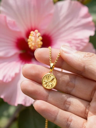 Macro close-up of hands holding a customized gold engraved necklace under warm natural sunlight, soft pink hibiscus petals in background