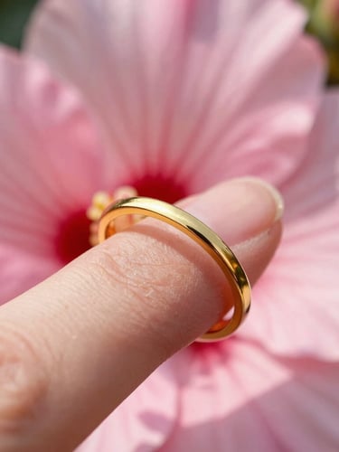 Macro close-up of a delicate gold ring worn on a finger, warm natural sunlight, soft pink hibiscus petals in the soft-focus background, crisp metal details.