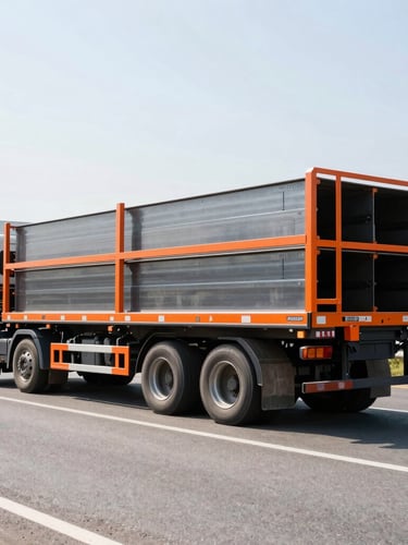 Wide-angle shot of a clean Shraeal Shmal flatbed truck carrying heavy industrial steel on a bright highway, high-contrast daylight, safety orange details, 35mm