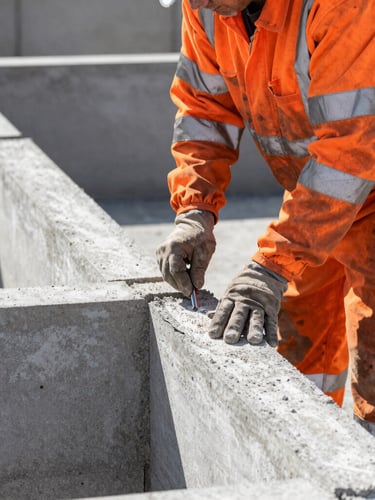 Medium close-up of a certified mason in high-visibility safety orange gear working on structured concrete masonry under bright daylight, sharp focus, 35mm