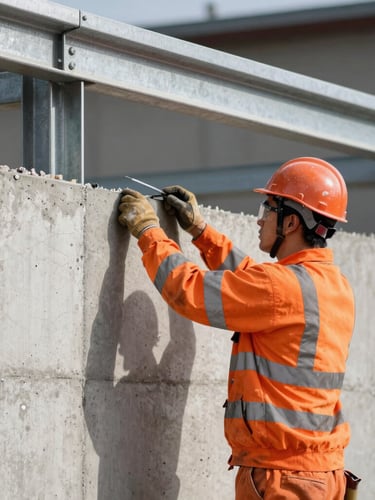 A certified mason in high-visibility orange gear working on structured concrete walls, close-up, sharp focus, bright daylight