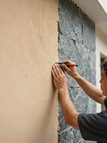 Close-up of a skilled craftsman applying a final touch to a newly renovated wall, showing attention to detail and quality materials. Architectural photography, bright natural daylight, warm sand and slate tones, sharp focus, 35mm lens.