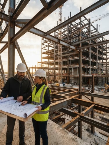 Wide architectural shot of a modern construction site at golden hour, focus on a detailed steel beam structure, with project managers reviewing blueprints in the foreground, bright natural daylight, warm sand and slate tones, sharp focus, 35mm lens